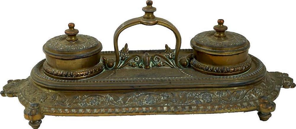 Appraisal: Victorian Brass Double Inkwell Stand Victorian Brass Double Inkwell Stand