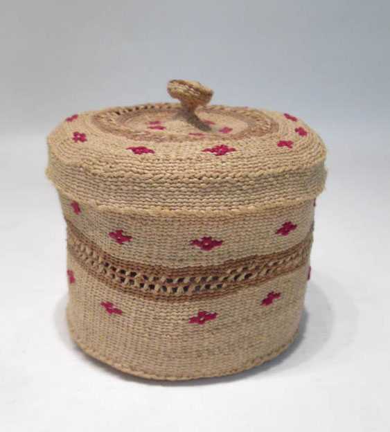 Appraisal: ALEUT TWINED LIDDED BASKET with red yarn geometric motif and