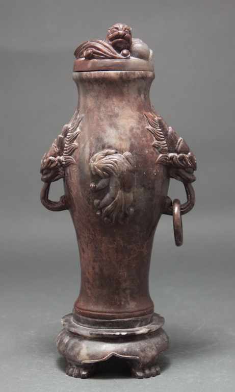 Appraisal: Chinese carved hardstone urn with foo dog knop and handles