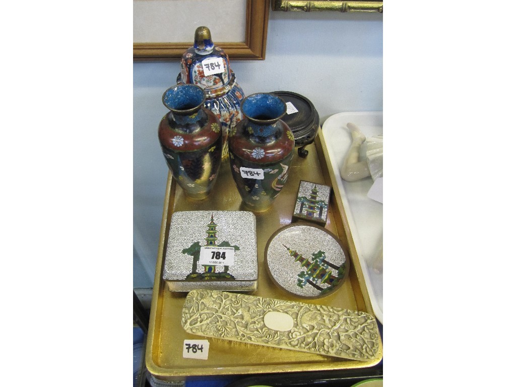 Appraisal: Five pieces of cloisonne carved ivory brush and an Imari