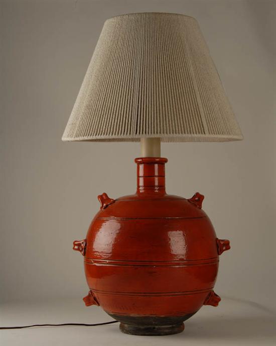 Appraisal: Large Red Orange Pottery Base Lamp with rope shade working