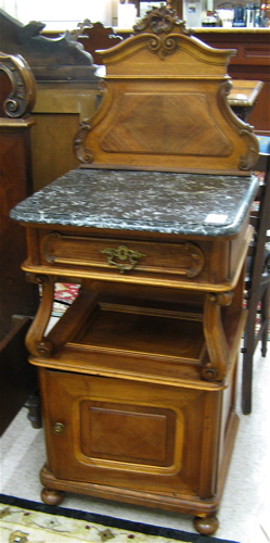 Appraisal: PAIR OF MARBLE-TOP WALNUT NIGHTSTANDS Louis XVI style Continental late