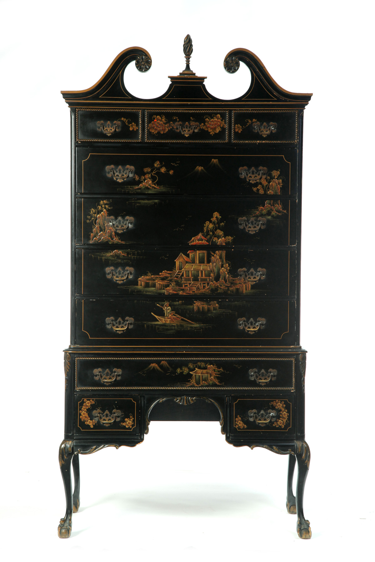 Appraisal: CHIPPENDALE-STYLE CHINOISERIE HIGH CHEST American mid th century mixed woods