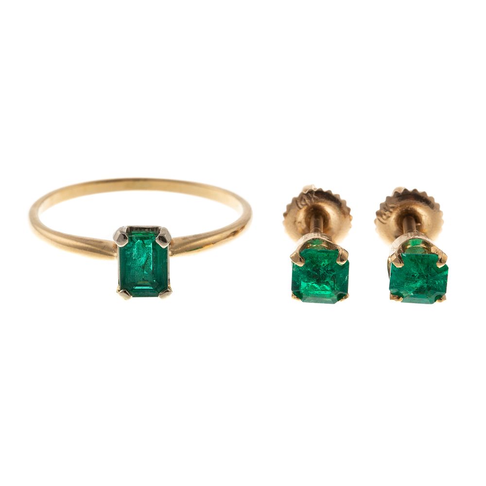 Appraisal: An Emerald Ring Earrings in K Yellow Gold K yellow