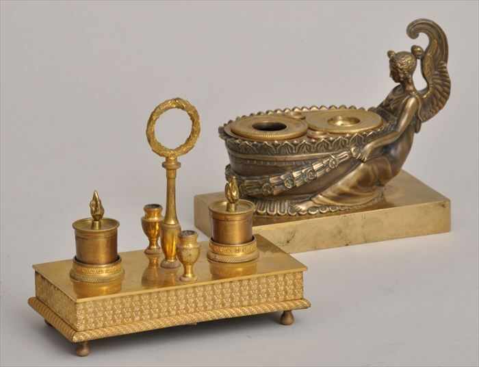 Appraisal: TWO EMPIRE-STYLE GILT-METAL ENCRIERS The one a basin held by