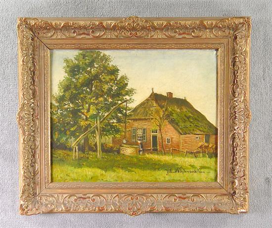 Appraisal: Oil on Board Cottage with thatched roof and woman at