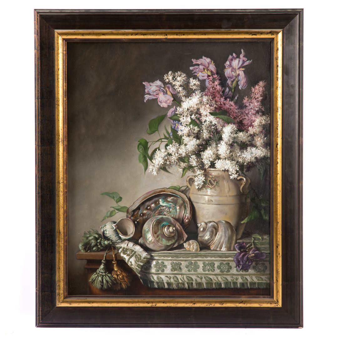 Appraisal: Joseph Sheppard Floral Still Life w Shells oil Joseph Sherly