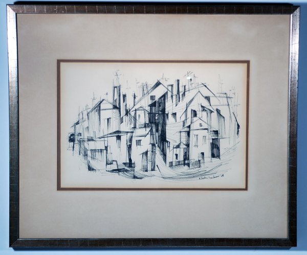 Appraisal: Pen and ink drawing of abstract buildings signed and dated