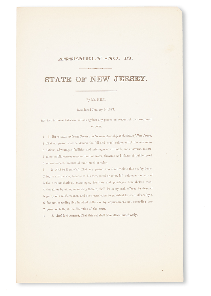 Appraisal: CIVIL RIGHT HILL JOHN Assembly No State of New Jersey