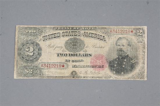 Appraisal: TWO DOLLAR TREASURY NOTE Fancy back with Rosecrans Nebeker signatures