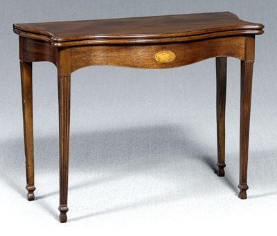 Appraisal: Hepplewhite inlaid card table figured mahogany top opening to tooled