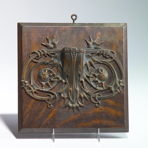 Appraisal: CHICAGO SCHOOL Copper and oak match holder with an expressive