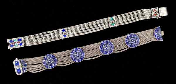 Appraisal: Enamel Decorated Sterling Silver Bracelet Collection A duo of multiple