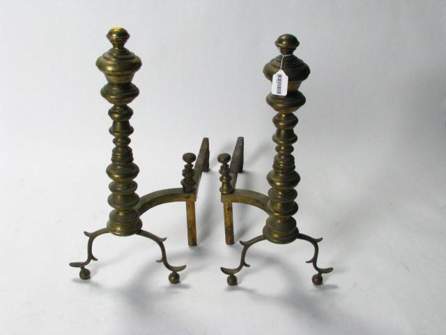 Appraisal: Pair of Brass Andirons '' high with hand wrought iron