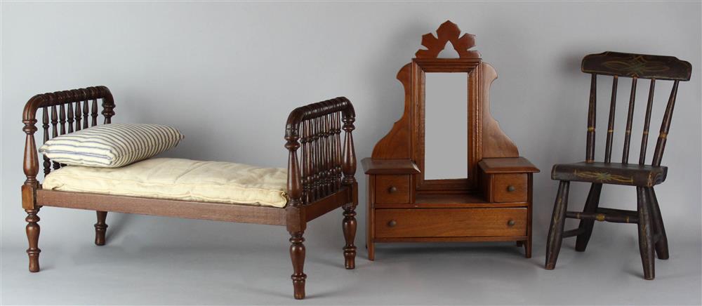 Appraisal: MINIATURE DOLL BED DRESSING TABLE AND CHAIR Jenny Lind bed