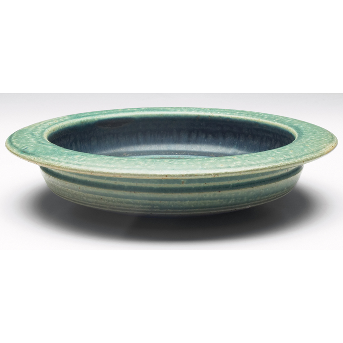 Appraisal: Val Cushing bowl broad hand-thrown shape covered in a green