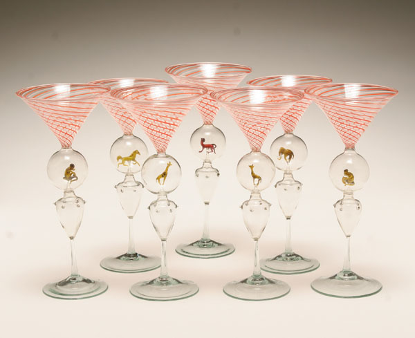 Appraisal: Seven Bimini Werkstatte martini glasses Vienna 's Double knop stem