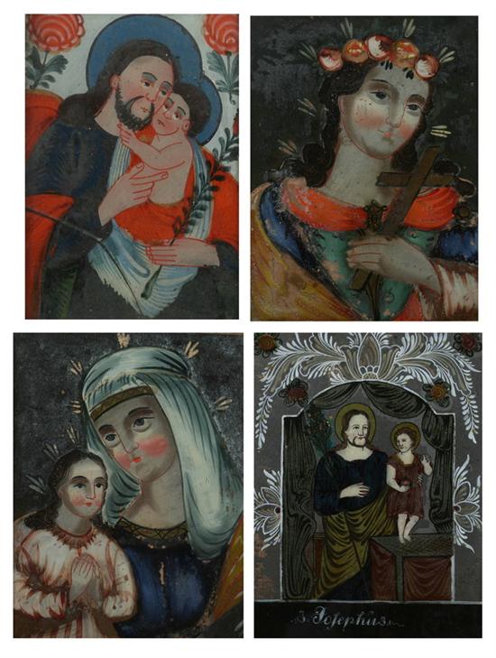 Appraisal: FOUR GERMAN REVERSE-PAINTED GLASS PANELS OF SAINTS th century St