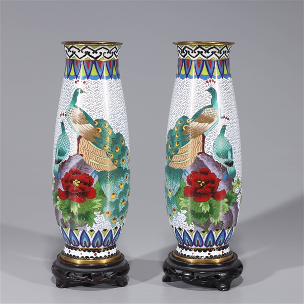 Appraisal: Pair of Chinese white ground cloisonn enamel vases with peacock