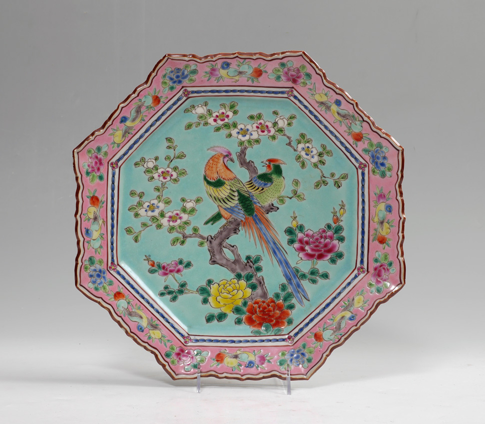 Appraisal: CHINESE OCTAGONAL POLYCHROME HEXAGONAL CHARGER Scalloped sided rim with pink