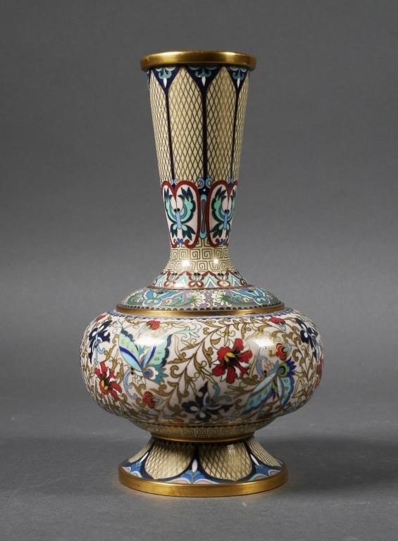 Appraisal: CHINESE CLOISONNE FLOWER VASEChinese cloisonne vase with flower and butterfly