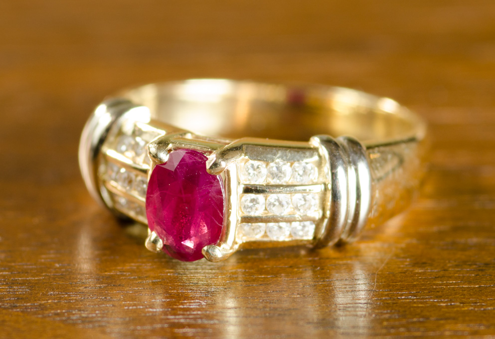 Appraisal: RUBY DIAMOND AND FOURTEEN KARAT GOLD RING with six round-cut