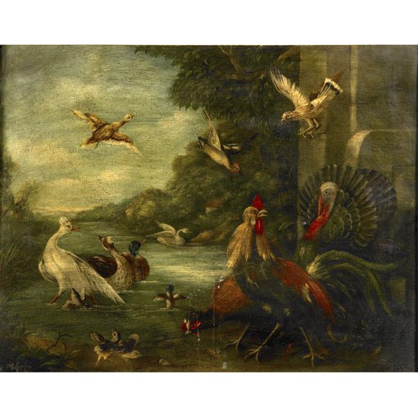 Appraisal: JOHN KING British - Untitled Exotic Fowl in Landscape oil