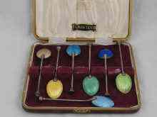 Appraisal: A boxed set of six silver gilt teaspoons with enamelled