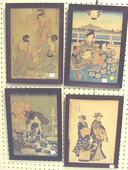 Appraisal: Four Japanese color woodblock prints by Utamaro Toyokuni III Kunisada