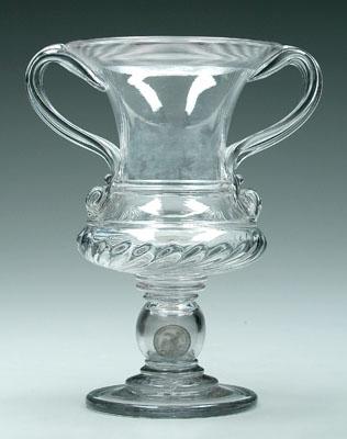 Appraisal: glass urn blown clear glass two ribbed handles below threaded