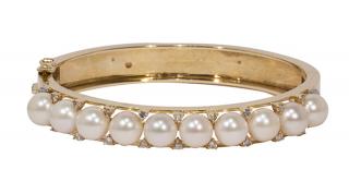 Appraisal: Cultured pearl diamond and k yellow gold bangle bracelet Cultured