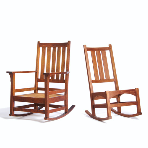 Appraisal: GUSTAV STICKLEY Two rockers one with five vertical back slats