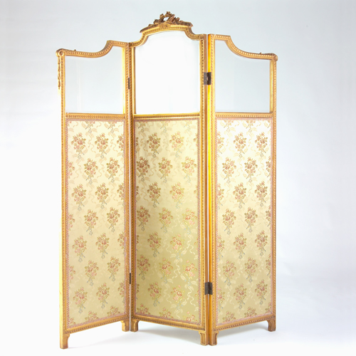 Appraisal: Louis XIV-style carved and gilded folding screen with three silk