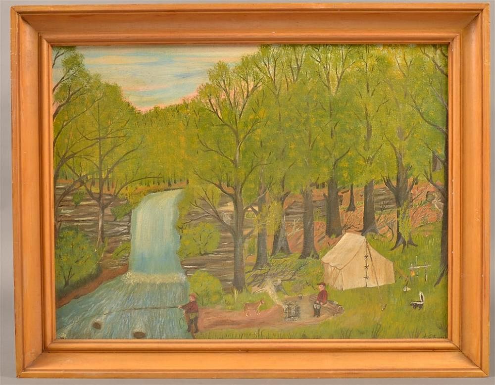 Appraisal: Vintage Naive Oil on Canvas Camping Scene Vintage Naive Oil