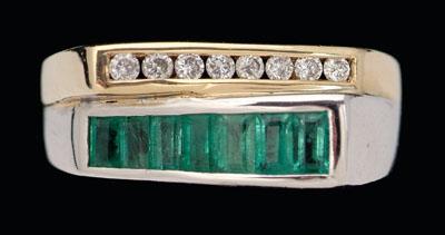 Appraisal: Emerald diamond ring seven rectangular emeralds total estimated weight cts