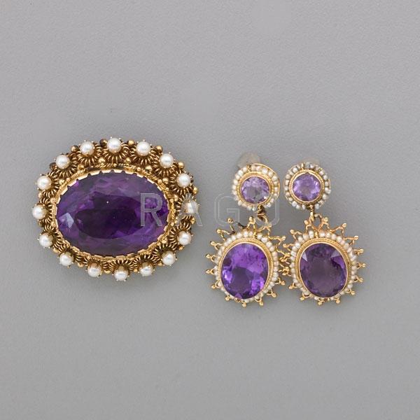 Appraisal: AMETHYST AND PEARL K YELLOW GOLD JEWELRY Condition Report