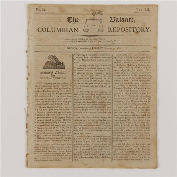 Appraisal: Newspaper The Balance Columbian Repository August No Vol III editorial