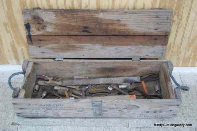 Appraisal: Vintage Military Ammo Box w Old ToolsThis is a Vietnam