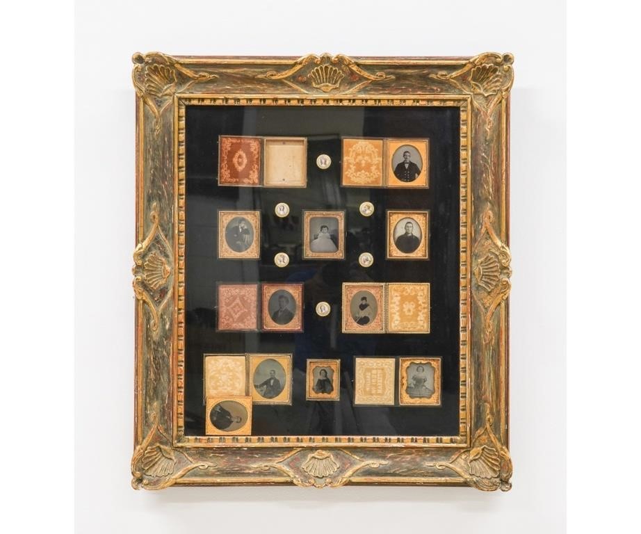 Appraisal: Shadow-framed collection of ten cased tin types and six buttons