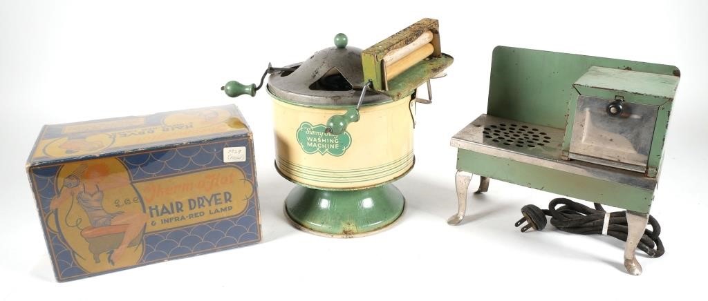 Appraisal: VINTAGE WASHING MACHINE HAIR LAMP AND OVEN TOYSLot of three