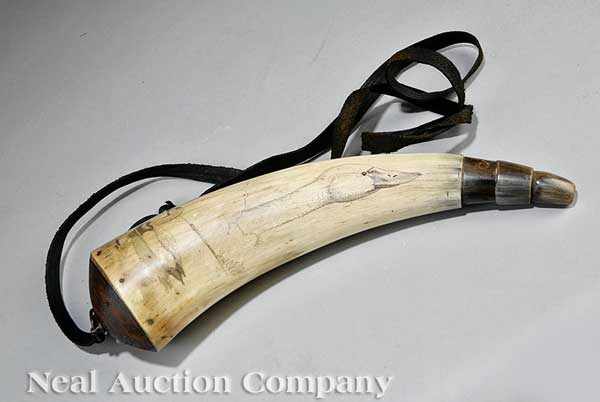 Appraisal: An American Carved Powder Horn th c decorated with vignettes