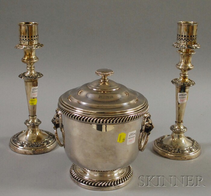 Appraisal: Pair of Silver-plated Candlesticks and an International Silver-plated Ice Bucket