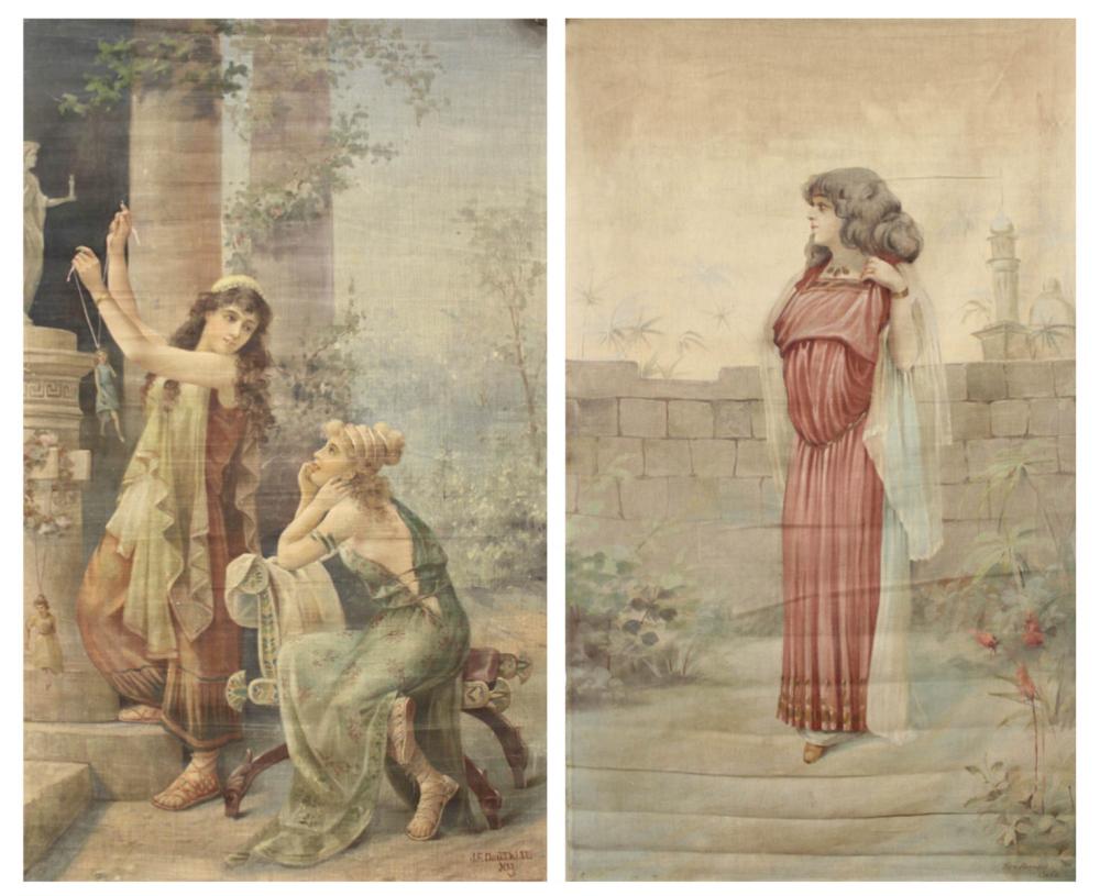 Appraisal: TWO PICTORIAL PAINTED TAPESTRIES the larger one by John F