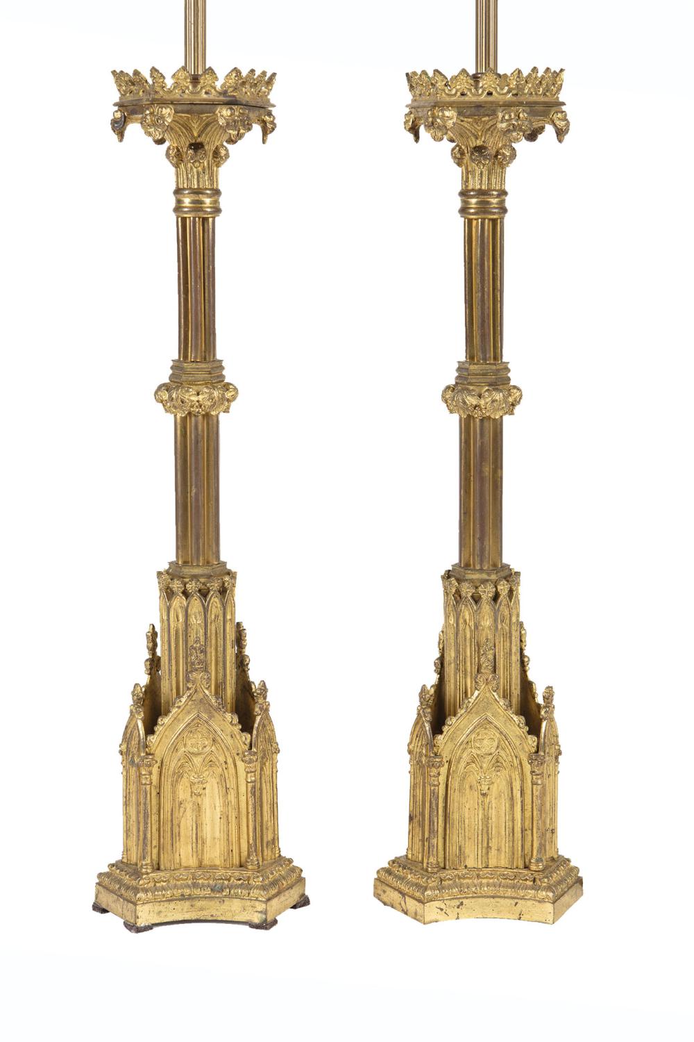 Appraisal: Pair of American Gothic Bronze Lamps th c cluster-column standard