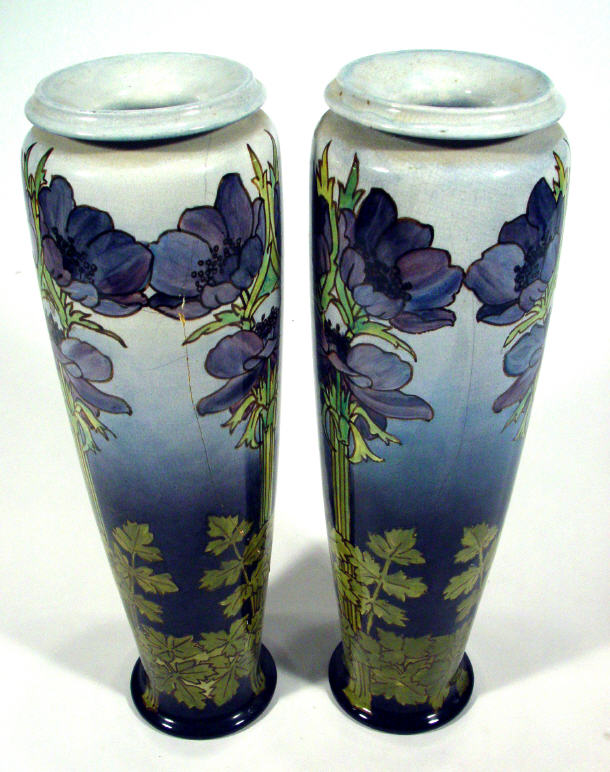 Appraisal: Pair of Doulton Lambeth fiance glazed vases hand painted with