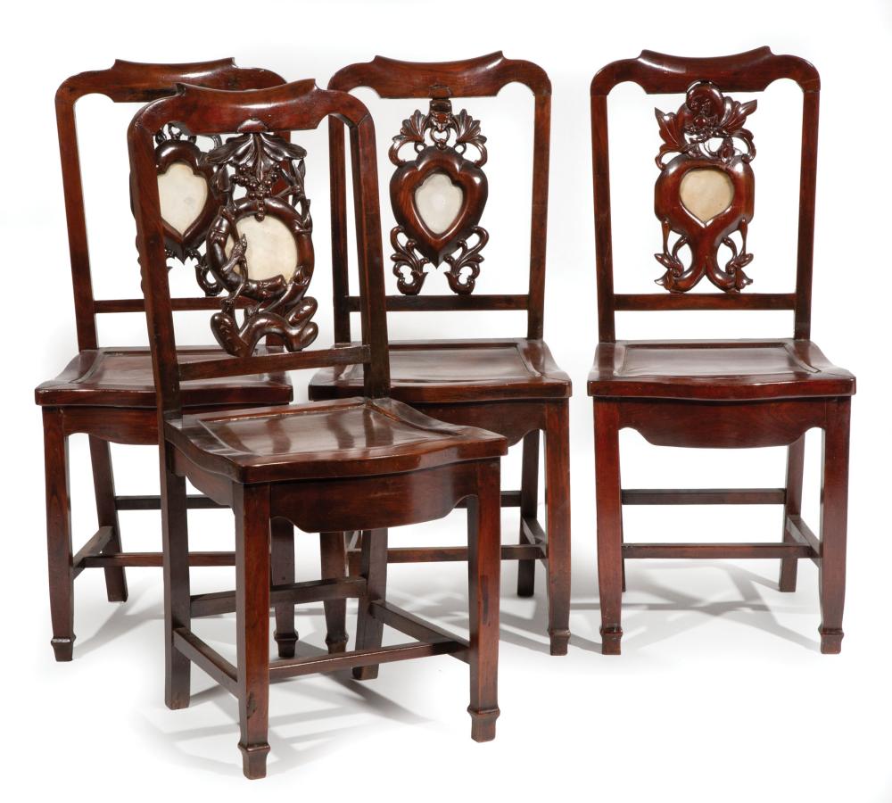 Appraisal: Assembled Group of Four Chinese Hardwood and Hardstone Chairs yoke