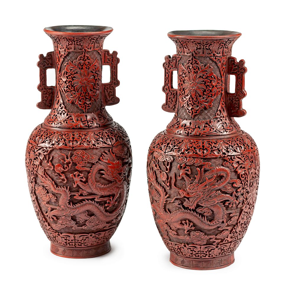 Appraisal: A Pair of Chinese Carved Red Lacquer Vases A Pair