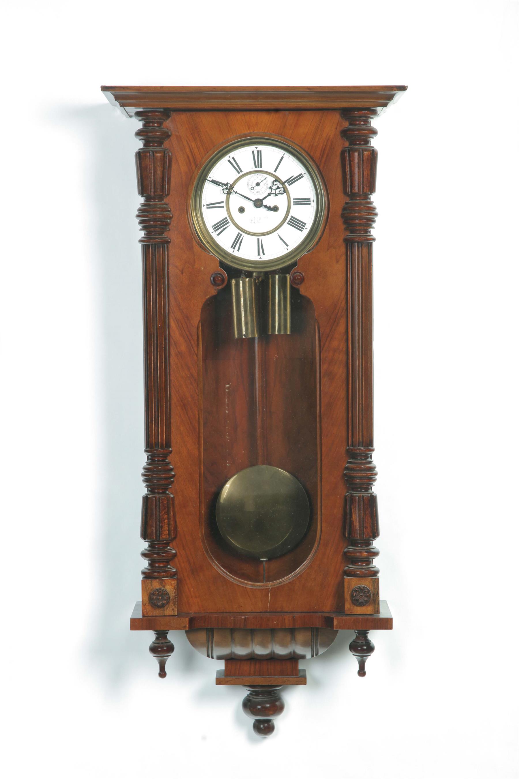 Appraisal: DOUBLE-WEIGHT WALL CLOCK European th quarter- th century walnut and