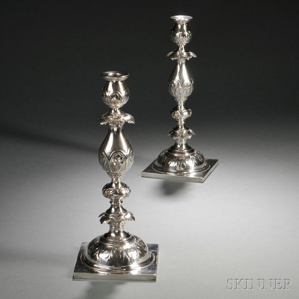 Appraisal: Pair of Fraget Silver-plated Candlesticks Warsaw Poland baluster-form with cast