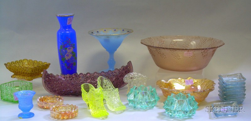 Appraisal: Thirty Colored Pressed Glass Table Items and a Five-Bottle Cased